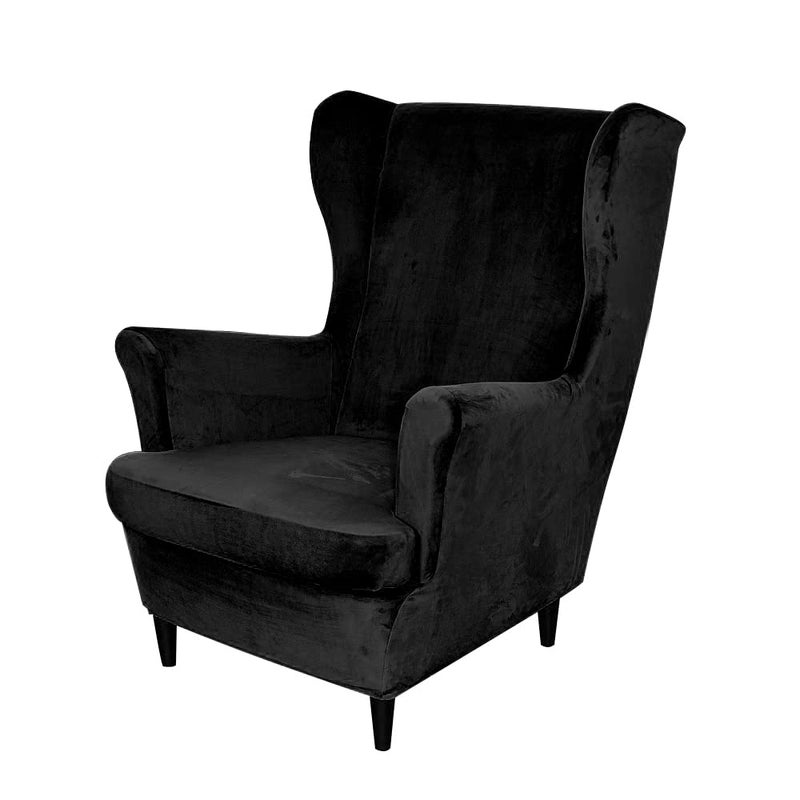 PENDEJATO Wing Chair Slipcovers 2 Piece Stretch Wingback Chair Cover Soft Velvet Armchair Covers with Elastic Bottom for Living Room Bedroom Black