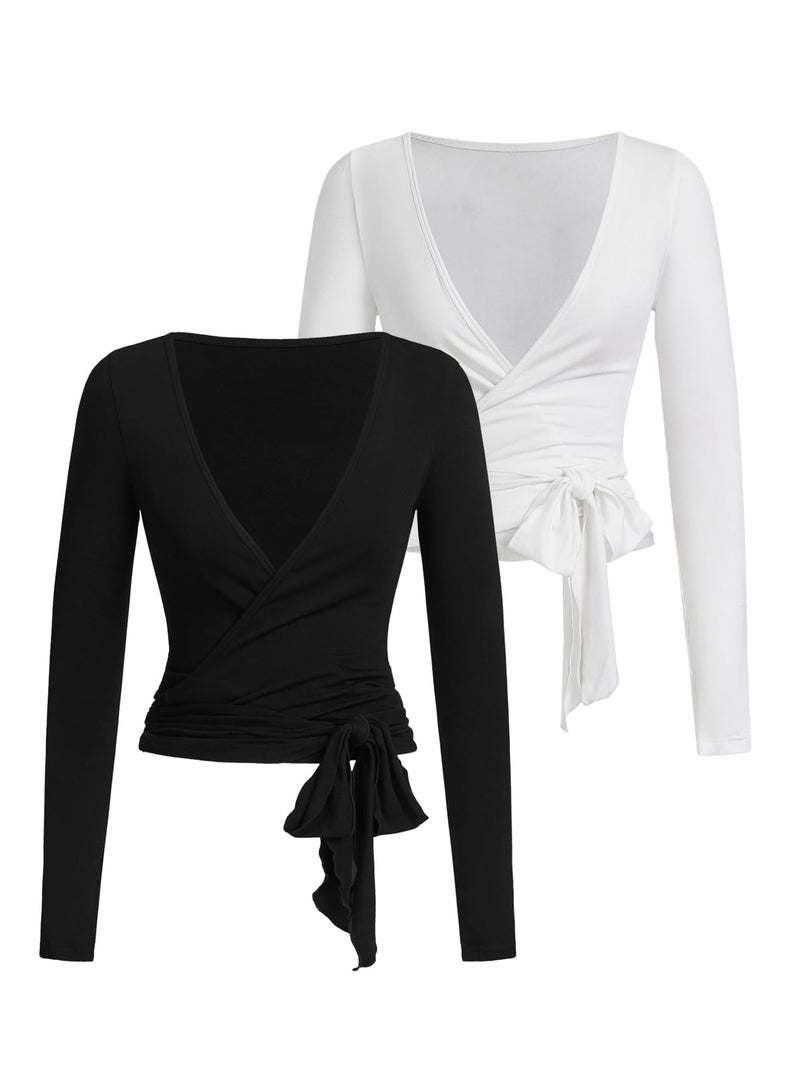 SweatyRocks Women's Pilates Outfits Wrap Tops Ballet Yoga Coquette Shirt Cute Long Sleeve Workout Activewear Black and White Large - Image 1