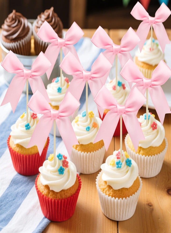 Pinsit 24Pcs Pink Bow Cupcake Toppers, Bowknot Cupcake Toppers Decor, Pink Ribbon Bow Cake Topper, Cupcake Picks for Wedding Baby Shower Bachelorette Party - Image 3