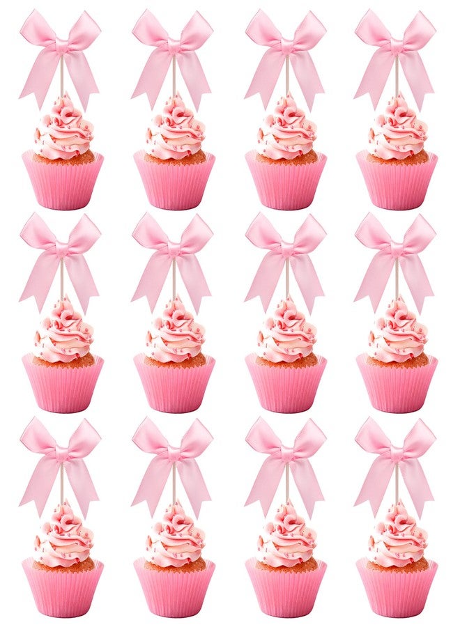 Pinsit 24Pcs Pink Bow Cupcake Toppers, Bowknot Cupcake Toppers Decor, Pink Ribbon Bow Cake Topper, Cupcake Picks for Wedding Baby Shower Bachelorette Party - Image 1