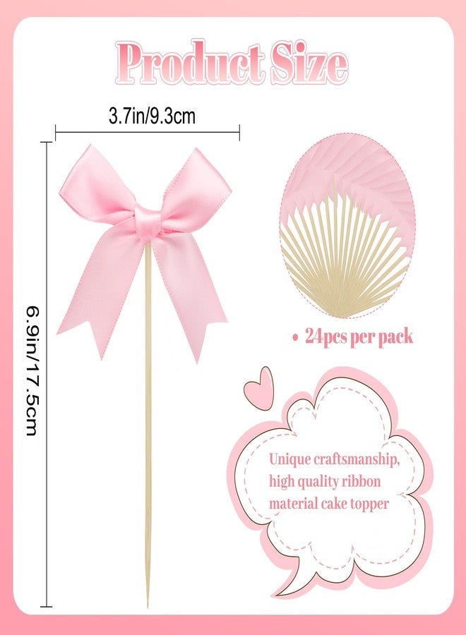 Pinsit 24Pcs Pink Bow Cupcake Toppers, Bowknot Cupcake Toppers Decor, Pink Ribbon Bow Cake Topper, Cupcake Picks for Wedding Baby Shower Bachelorette Party - Image 2