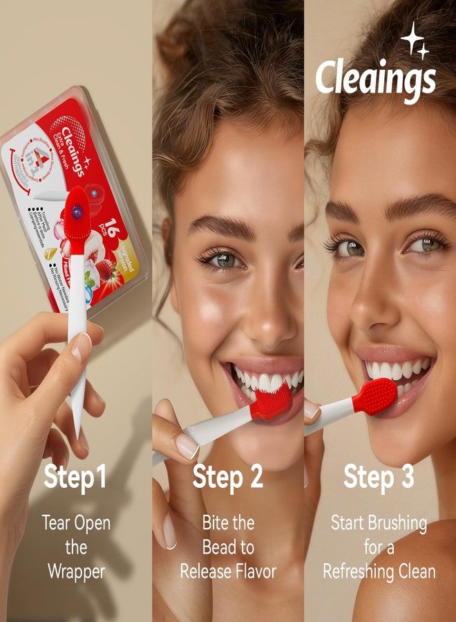 cleaings مجموعة فرشاة أسنان صغيرة للاستخدام مرة واحدة من كلينجز® مع معجون أسنان وعود أسنان - مستلزمات سفر محمولة للنساء والرجال، مثالية للتخييم والرحلات البرية والإجازات، 16 قطعة - بنكهة الفراولة (عبوة واحدة) - Image 2