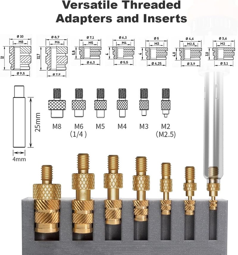 Mintion Heat Set Insert Tips and 70 PCS Threaded Inserts with Insert Tips M2 M2.5 M3 M4 M5 M6 M8, Soldering Iron Adapter Soldering Tips for Soldering Iron 3D Printer Accessories Threaded Inserts for Plastic - Image 2