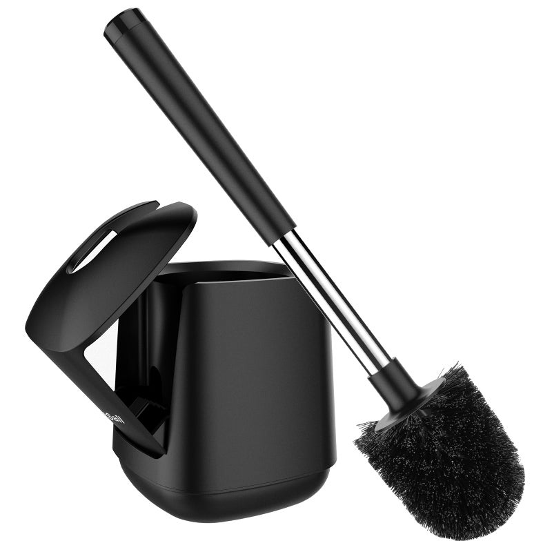 SetSail Toilet Brush and Holder Self Closing Lid Toilet Bowl Brushes Holder and Extra Long Handle Ventilated Toilet Brush Set for Bathroom Cleaning Nylon Bristles Black