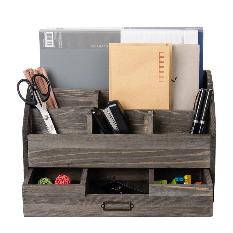 Distressed Rustic Wooden Office Desk Organizer 5 Compartment with 2 Drawer Counter Desk Tabletop Desktop Mail Rack Pens Notebooks Folders Pencils and Office Supplies Rock Grey