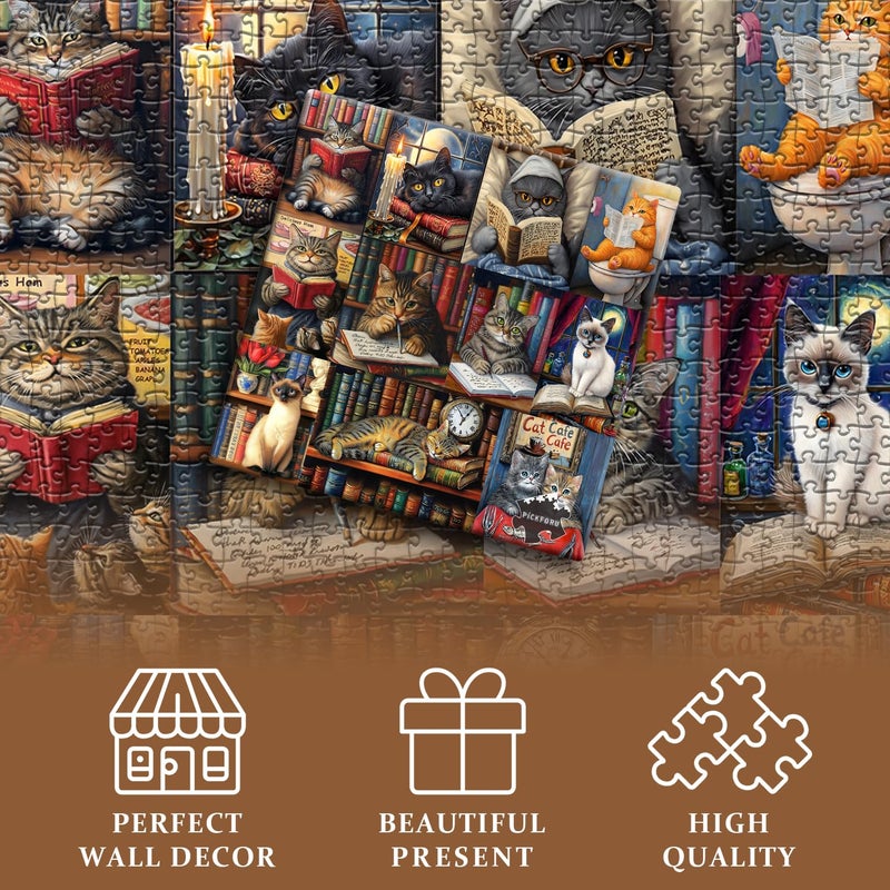PICKFORU Vintage Cat Puzzles for Adults 1000 Piecesï¼ŒPICKFORU Retro Cat Library Themed, Book Kitten Bookshelf Jigsaw Puzzles Collage Challenge - Image 4