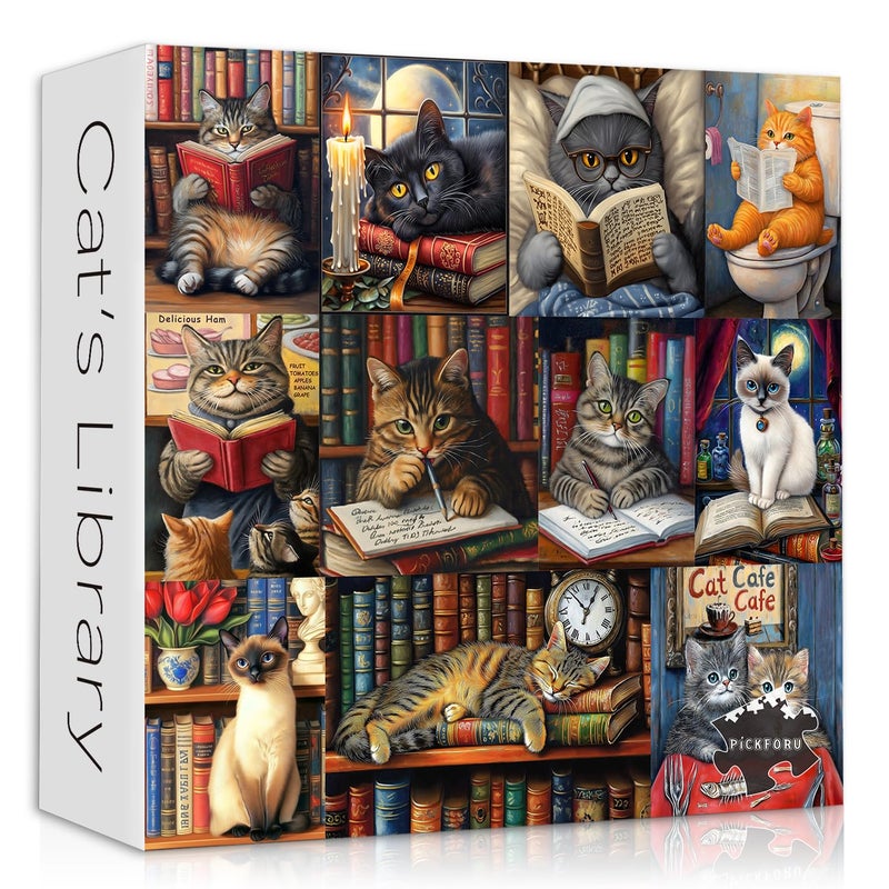 PICKFORU Vintage Cat Puzzles for Adults 1000 Piecesï¼ŒPICKFORU Retro Cat Library Themed, Book Kitten Bookshelf Jigsaw Puzzles Collage Challenge - Image 1