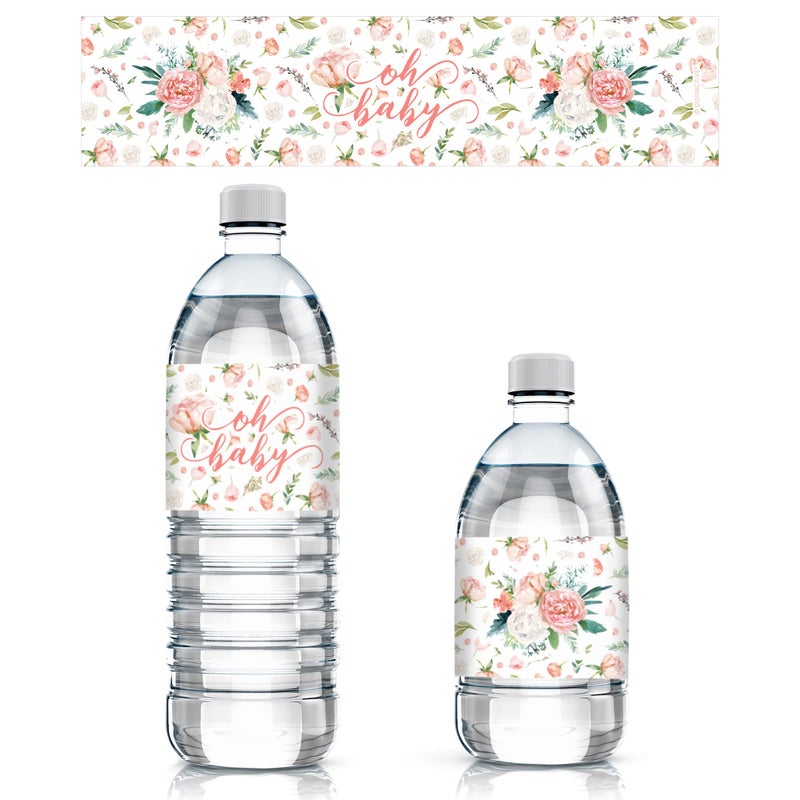 Baby in Bloom Baby Shower Water Bottle Labels 20 Waterproof Stickers for Pink Floral Boho Girl Baby Shower