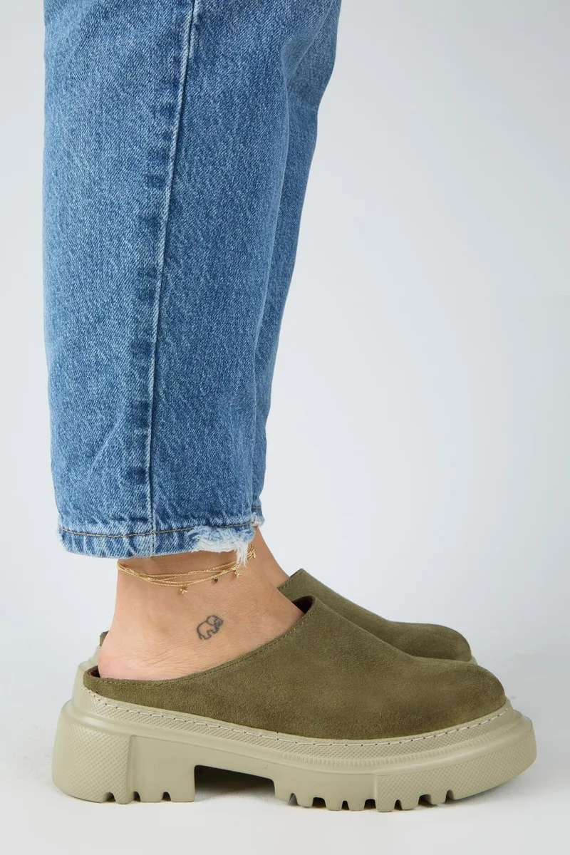 Manijero Manijero Bianca Women's Genuine Leather Flat Clogs Khaki Slippers