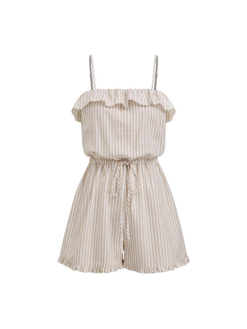 CIDER Womens Casual Rompers Sleeveless Ruffle Drawstring Striped Overall Shorts - Image 1
