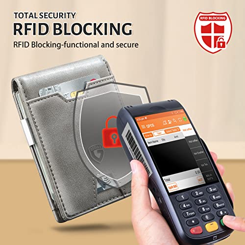 GSOIAX Men's Slim RFID Blocking Leather Wallet with Money Clip Minimalist Carbon Fiber Bifold Credit Card Holder 11 Card Slots Gift Box Included(Leather Gray) - Image 4