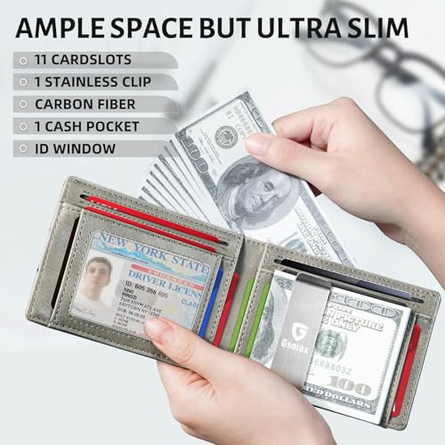 GSOIAX Men's Slim RFID Blocking Leather Wallet with Money Clip Minimalist Carbon Fiber Bifold Credit Card Holder 11 Card Slots Gift Box Included(Leather Gray) - Image 3