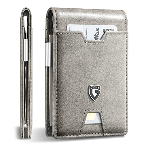 GSOIAX Men's Slim RFID Blocking Leather Wallet with Money Clip Minimalist Carbon Fiber Bifold Credit Card Holder 11 Card Slots Gift Box Included(Leather Gray) - Image 1
