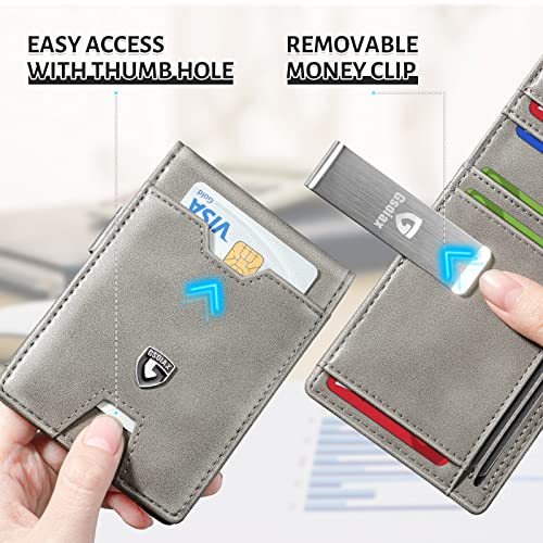 GSOIAX Men's Slim RFID Blocking Leather Wallet with Money Clip Minimalist Carbon Fiber Bifold Credit Card Holder 11 Card Slots Gift Box Included(Leather Gray) - Image 5