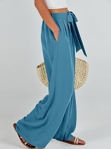 Caracilia Women Wide Leg Palazzo Pants Summer High Waist Flowy Casual Trousers Loose Lounge Beach Travel Vacation Clothes Lake Medium - Image 4