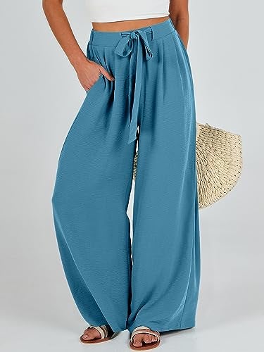 Caracilia Women Wide Leg Palazzo Pants Summer High Waist Flowy Casual Trousers Loose Lounge Beach Travel Vacation Clothes Lake Medium - Image 2