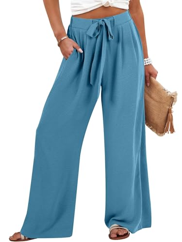 Caracilia Women Wide Leg Palazzo Pants Summer High Waist Flowy Casual Trousers Loose Lounge Beach Travel Vacation Clothes Lake Medium - Image 1