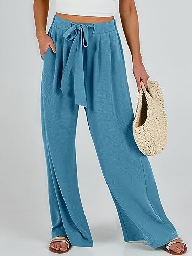 Caracilia Women Wide Leg Palazzo Pants Summer High Waist Flowy Casual Trousers Loose Lounge Beach Travel Vacation Clothes Lake Medium - Image 3