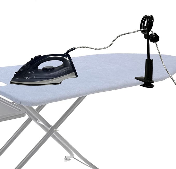 UNIVERSAL FLEXIBLE IRON CORD MINDER STEAM IRON CORD HOLDER FOR THE IRONING BOARD HELPS KEEP THE IRONS CORD OUT OF THE WAY WHEN IN USE FITS ALL STANDARD IRONING BOARDS NO IRONS NO IRON BOARD