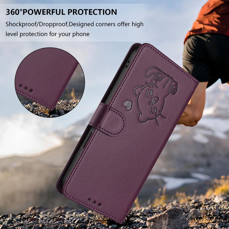 erorex For Oukitel C51 Embossed  Cat Leather Phone Case with Hand Strap(Dark Purple) - Image 5
