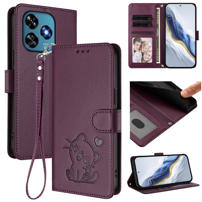 erorex For Oukitel C51 Embossed  Cat Leather Phone Case with Hand Strap(Dark Purple) - Image 1