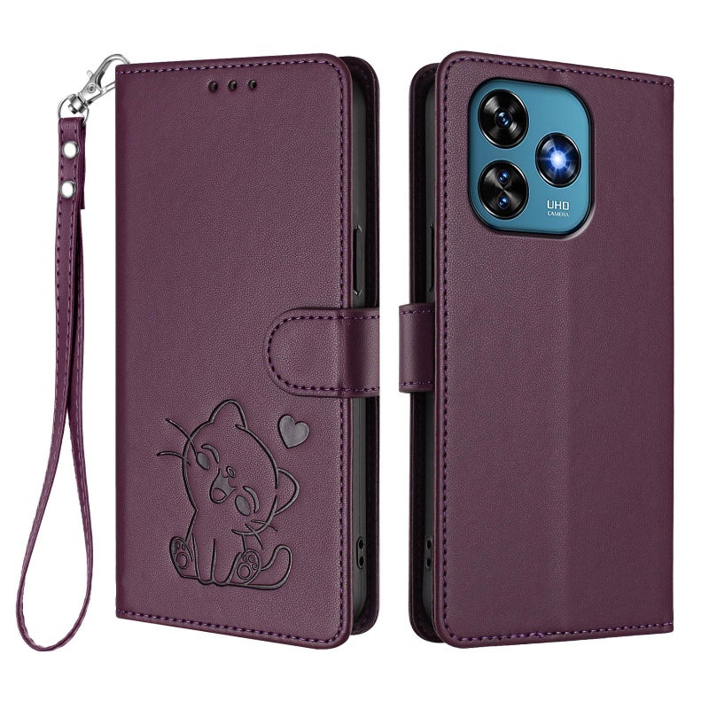 erorex For Oukitel C51 Embossed  Cat Leather Phone Case with Hand Strap(Dark Purple) - Image 2