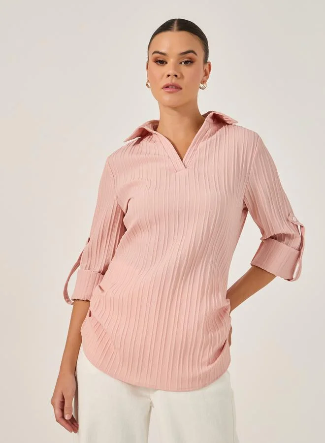 تايك تو Plain Spread Collar Long Sleeve Shirt