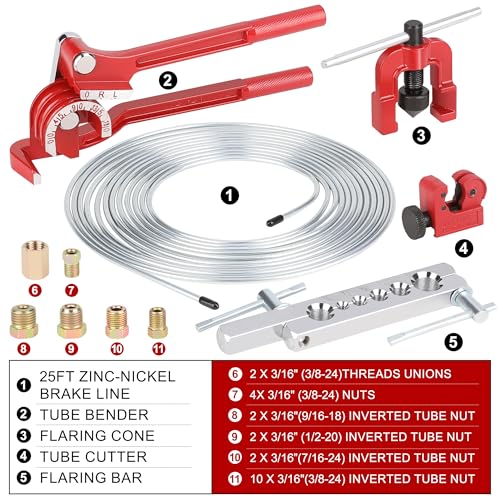 Hromee 3/16 Inch Brake Line Flaring Tool Kit with Zinc-Plated Brake Lines, 16pcs Fittings, 2pcs Union, 4pcs Nut and Single Flare Tool - Image 2