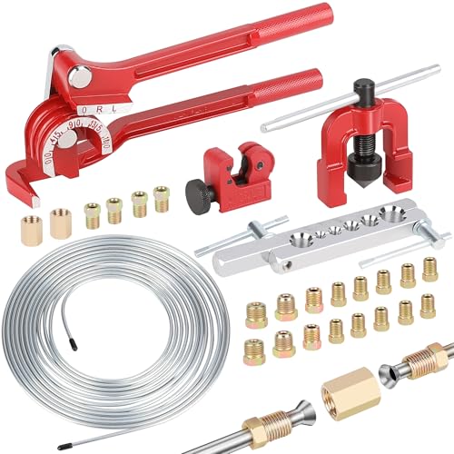 Hromee 3/16 Inch Brake Line Flaring Tool Kit with Zinc-Plated Brake Lines, 16pcs Fittings, 2pcs Union, 4pcs Nut and Single Flare Tool - Image 1