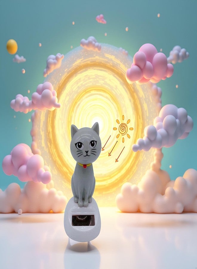 SquarezhenBo Gray Solar Powered Dancing Cat Doll Figure - Swinging Solar Toy, Cat Figurine Statue Swinging Car Dashboard Decoration Ornaments Dancing Toy for Car Dashboard Office Home Desk Decor Solar Power Kits - Image 4