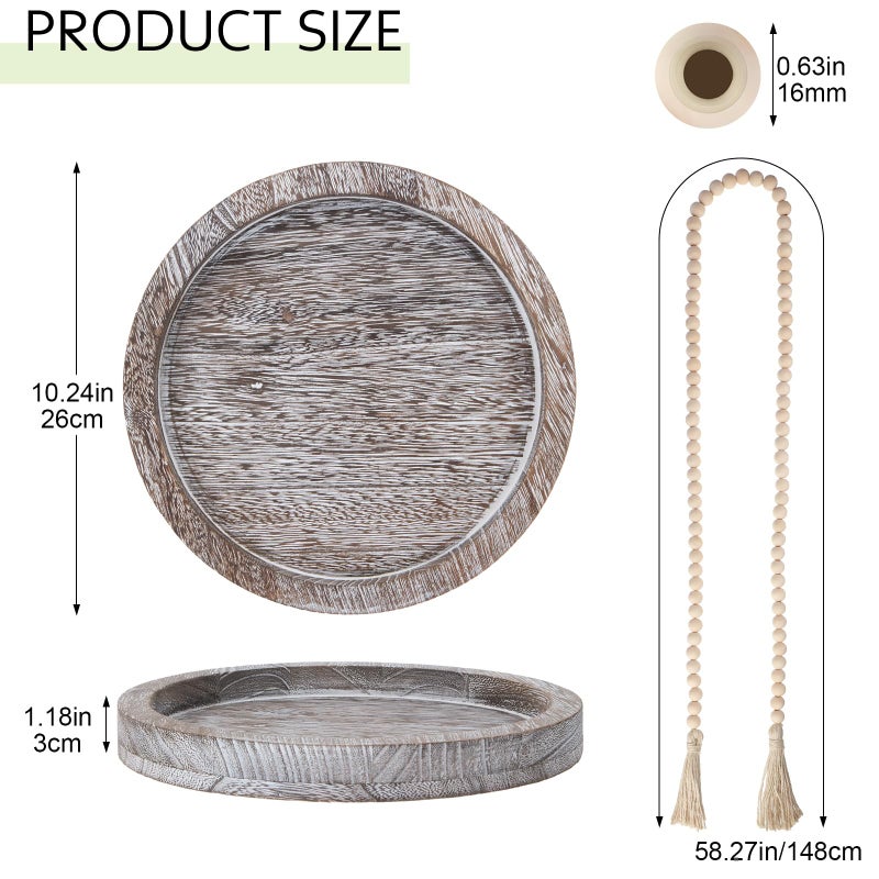 Tiangrid 5 Pcs Rustic Country Tabletop Centerpieces Decor Set of 3 Boho Ceramic Vases with Wooden Serving Tray Wood Bead Garland Tassels Table Holder for Home Decorations (Dark Color) - Image 3
