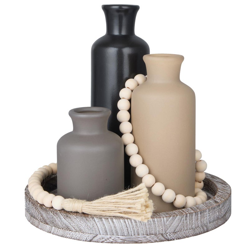 Tiangrid 5 Pcs Rustic Country Tabletop Centerpieces Decor Set of 3 Boho Ceramic Vases with Wooden Serving Tray Wood Bead Garland Tassels Table Holder for Home Decorations (Dark Color) - Image 1