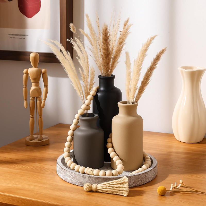 Tiangrid 5 Pcs Rustic Country Tabletop Centerpieces Decor Set of 3 Boho Ceramic Vases with Wooden Serving Tray Wood Bead Garland Tassels Table Holder for Home Decorations (Dark Color) - Image 5