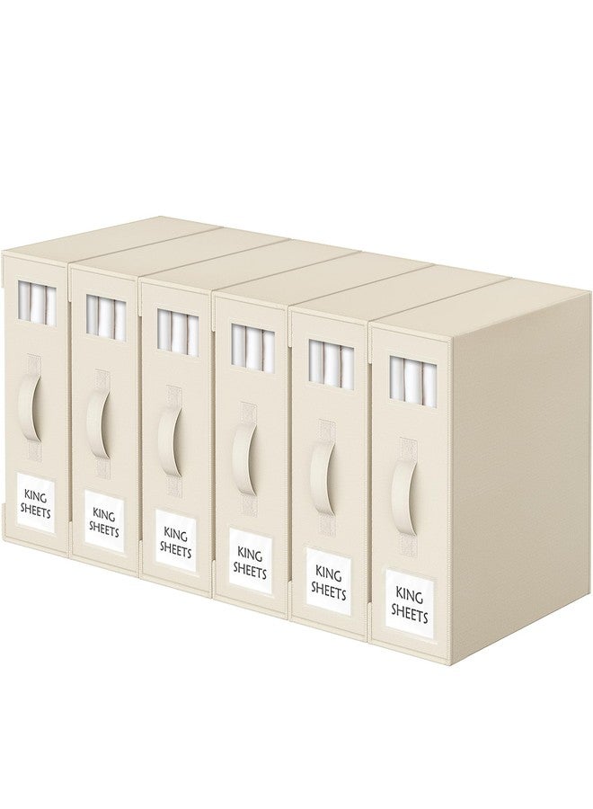 Criusia Bed Sheet Organizers and Storage, 6 Pack Foldable Linen Closet Organizer Box - Bedding Holder for Sheet Set (King/Queen Sizes), Duvet Covers, Blankets (Beige) - Image 1