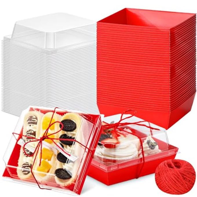 Jingmore 50 Pcs Charcuterie Boxes with Clear Lids 5'' Disposable Square Dessert Boxes Paper Food Box Bakery Containers for Party Cake Cookie Sandwich (Red)