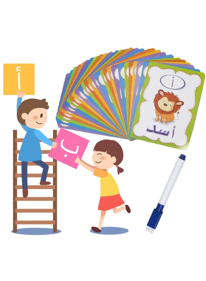 Lyaxm 28 PCS Arabic Alphabet Flashcards, Double Sided Arabic Alphabets Flash Card, Colorful Early Word Education Toys Learning Resource Interactive Set with Marker Pen for Practicing, Writing - Image 1