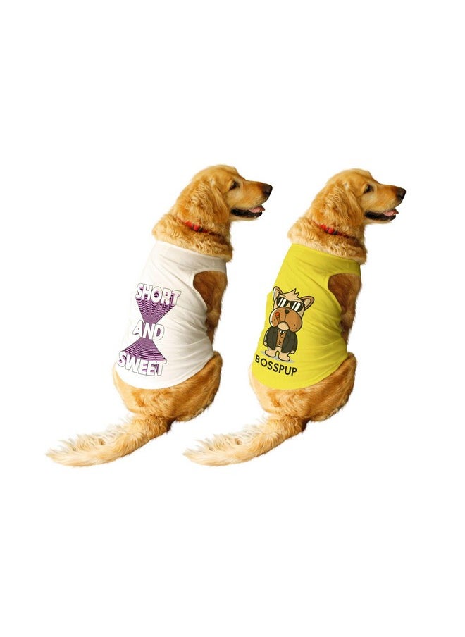 rusepin - Set Of 2 Summer Dog T-Shirt Short And Sweet & Bosspup Printed Pets Round Neck Sleeveless Combo Vest Tank/Tees/Apparel/Clothes For Dogs White/Yellow/Medium (Chubby Pugs, Beagle Etc.) - Image 1