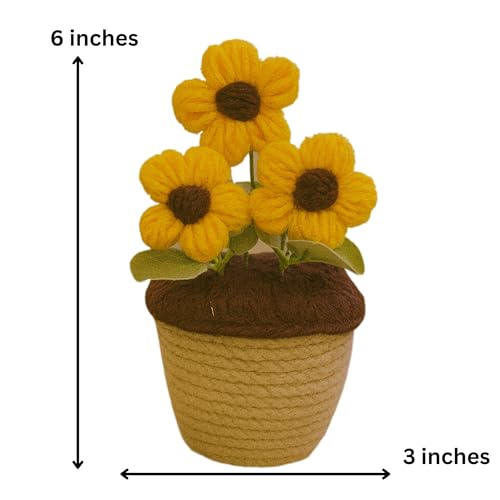 Akaar Decor's Handcrafted Yellow Crochet Flower with Pot | Artificial Flowers for Home | Birthday | Anniversary | Housewarming Gifts | 100% Handmade Yarn Flower Décor - Image 2