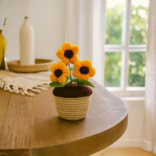 Akaar Decor's Handcrafted Yellow Crochet Flower with Pot | Artificial Flowers for Home | Birthday | Anniversary | Housewarming Gifts | 100% Handmade Yarn Flower Décor - Image 1