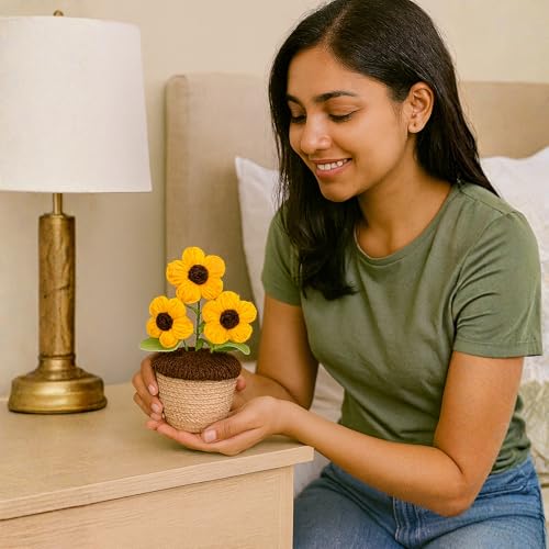 Akaar Decor's Handcrafted Yellow Crochet Flower with Pot | Artificial Flowers for Home | Birthday | Anniversary | Housewarming Gifts | 100% Handmade Yarn Flower Décor - Image 5