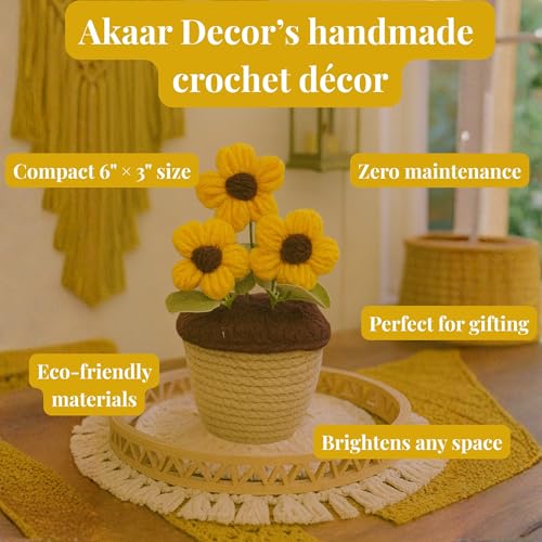 Akaar Decor's Handcrafted Yellow Crochet Flower with Pot | Artificial Flowers for Home | Birthday | Anniversary | Housewarming Gifts | 100% Handmade Yarn Flower Décor - Image 4