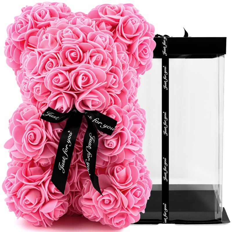TJC Rose Teddy Bear Flower Bear with Gift Box Birthday Romantic Valentines Gifts for her Girlfriend Love Friends Wife Fiance PE Material with Bow Tie Everlasting Forever Pink