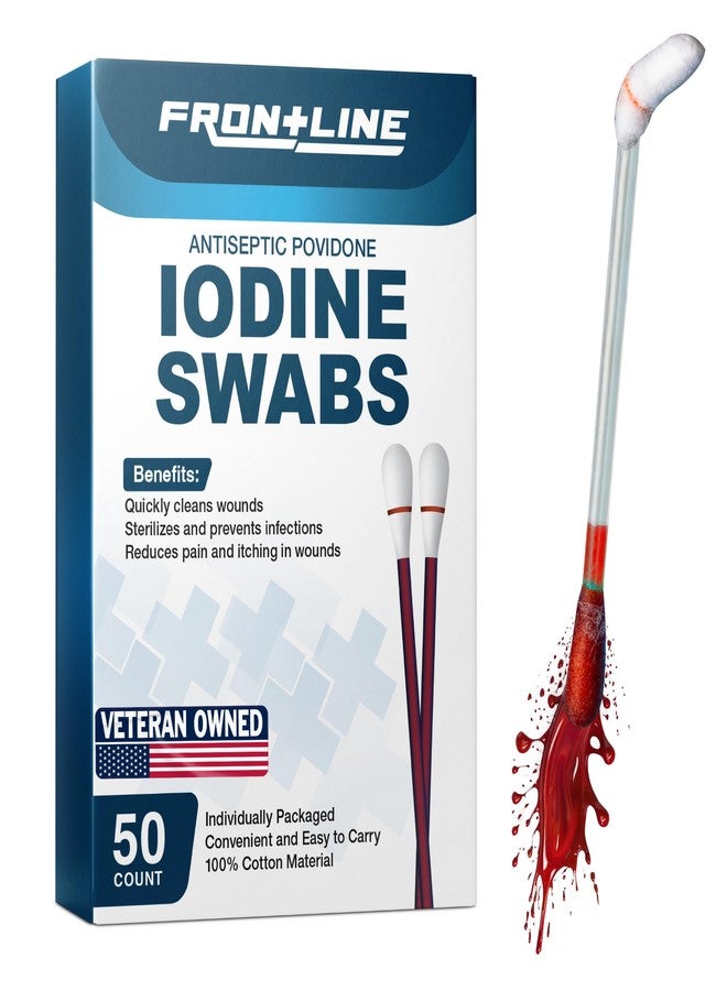 FrontLine Povidone Iodine Swabs, Antiseptic Swabsticks, Iodine Solution, Cleansing Cotton Swab, Individually Wrapped Medical Supplies, Wound Care, First Aid, Wound Cleaner, Box of 50 - Image 1