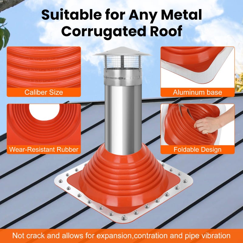 Sobalai #6 Metal Roof Pipe Flashing Boot, Metal Roofing Pipe Flashing Boot Fits Pipe OD 5" to 9" Wide, Includes Flexible High Temp Silicone Chimney Boot, Hex Socket x2, Roofing Screw x50, Square Base, Red - Image 5