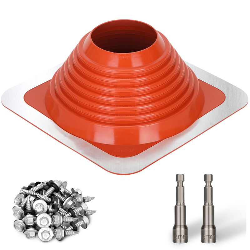 Sobalai #6 Metal Roof Pipe Flashing Boot, Metal Roofing Pipe Flashing Boot Fits Pipe OD 5" to 9" Wide, Includes Flexible High Temp Silicone Chimney Boot, Hex Socket x2, Roofing Screw x50, Square Base, Red - Image 1