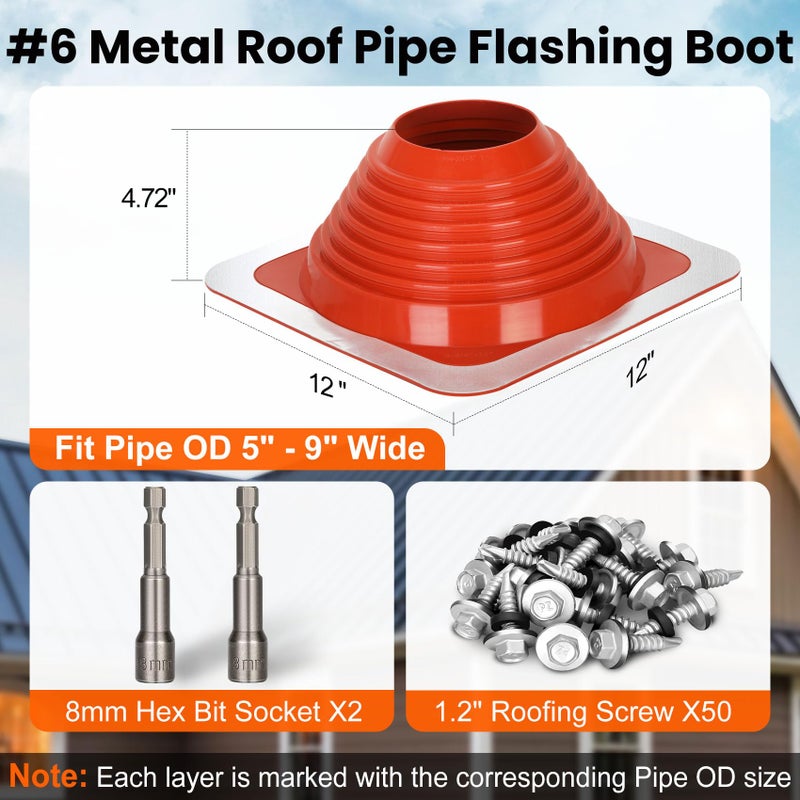 Sobalai #6 Metal Roof Pipe Flashing Boot, Metal Roofing Pipe Flashing Boot Fits Pipe OD 5" to 9" Wide, Includes Flexible High Temp Silicone Chimney Boot, Hex Socket x2, Roofing Screw x50, Square Base, Red - Image 2
