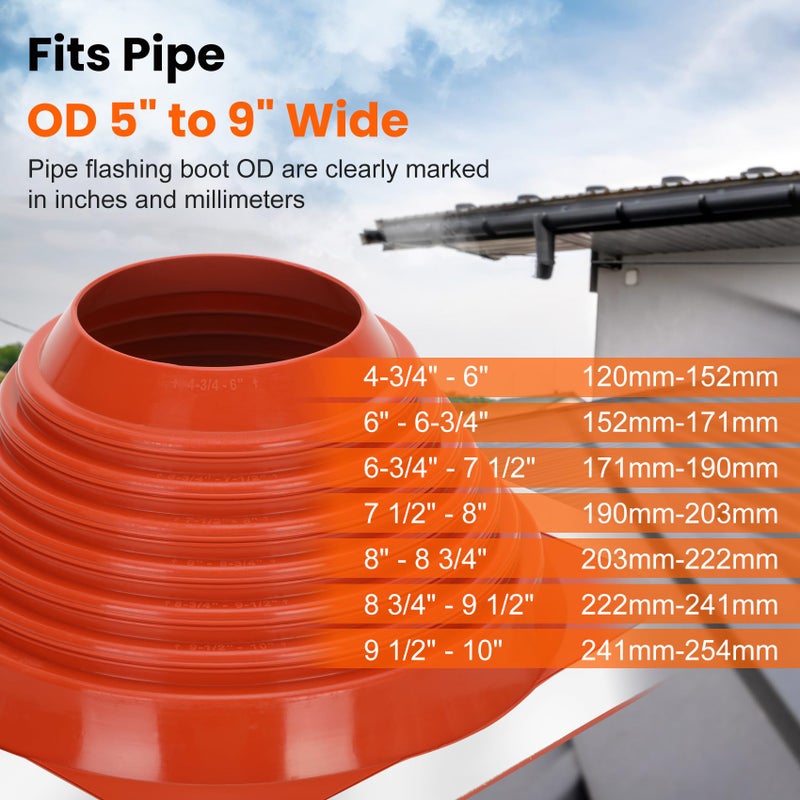 Sobalai #6 Metal Roof Pipe Flashing Boot, Metal Roofing Pipe Flashing Boot Fits Pipe OD 5" to 9" Wide, Includes Flexible High Temp Silicone Chimney Boot, Hex Socket x2, Roofing Screw x50, Square Base, Red - Image 3
