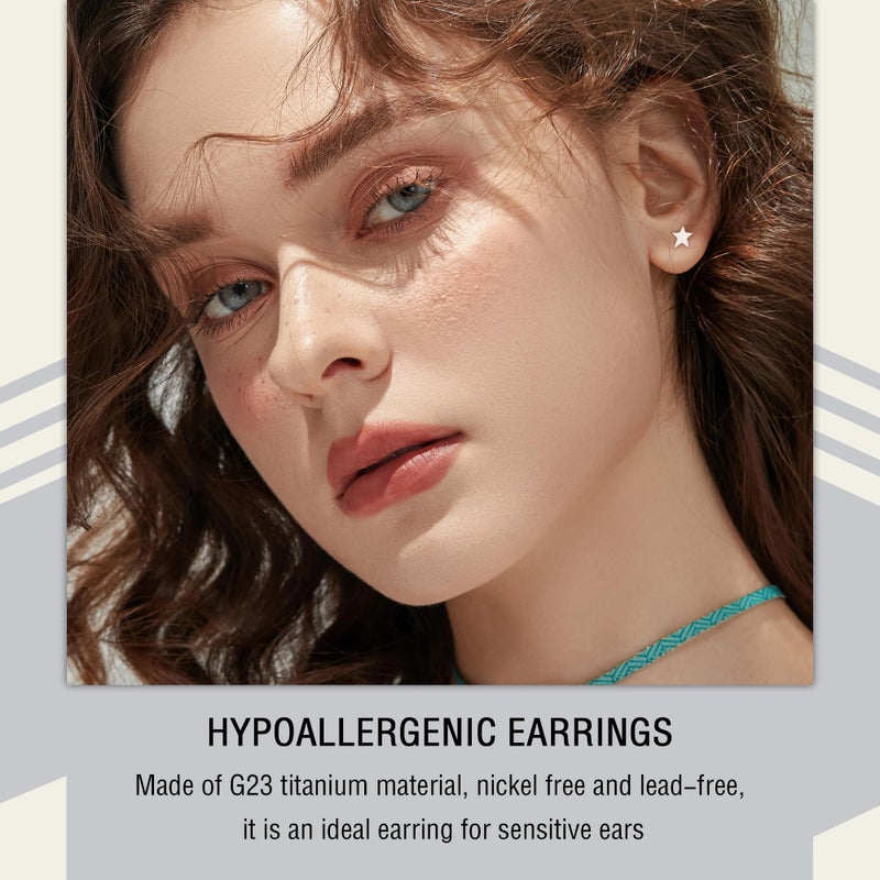 ZDE Women Flat Back Heart Earrings Non-Nickel Heart Earrings Titanium Hypoallergenic Cartilage Earrings Stud for Sensitive Ears Simple Classic 5mm Flat Stud Earring (Star-Silver) - Image 3