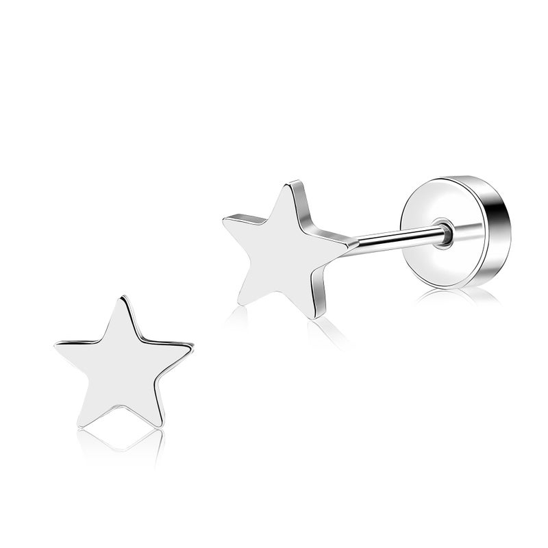 ZDE Women Flat Back Heart Earrings Non-Nickel Heart Earrings Titanium Hypoallergenic Cartilage Earrings Stud for Sensitive Ears Simple Classic 5mm Flat Stud Earring (Star-Silver) - Image 1
