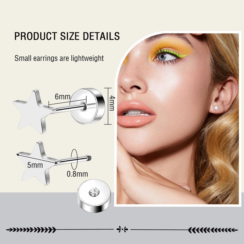ZDE Women Flat Back Heart Earrings Non-Nickel Heart Earrings Titanium Hypoallergenic Cartilage Earrings Stud for Sensitive Ears Simple Classic 5mm Flat Stud Earring (Star-Silver) - Image 4